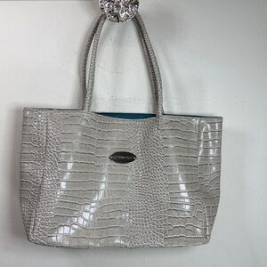 H0)Uttermost oversized tote bag in faux crocodile leather,taupe with blue lining